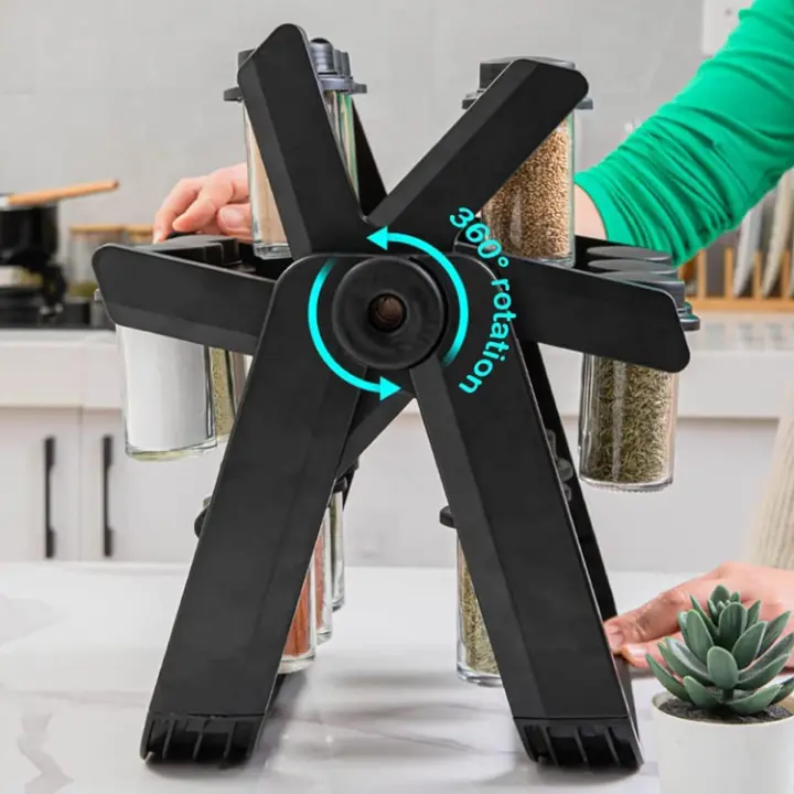 Support à épices rotatif 360° avec bocaux transparents et base stable