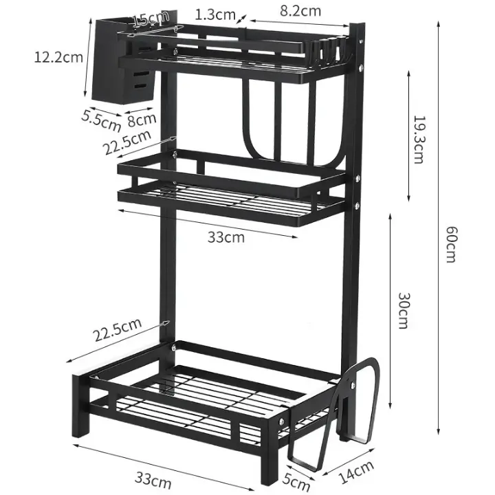 Étagère de rangement cuisine multifonction en métal noir, design compact et grande capacité