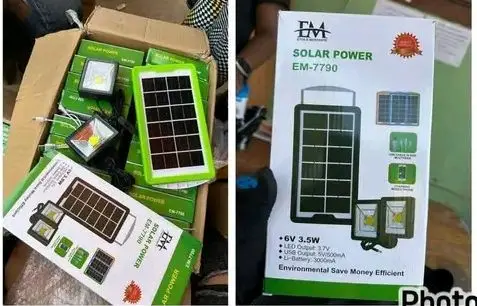 Kit d’éclairage solaire EM-7790 avec deux lampes LED 7W et panneau 6V