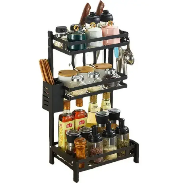 Étagère de rangement cuisine multifonction – Métal noir, design compact et grande capacité