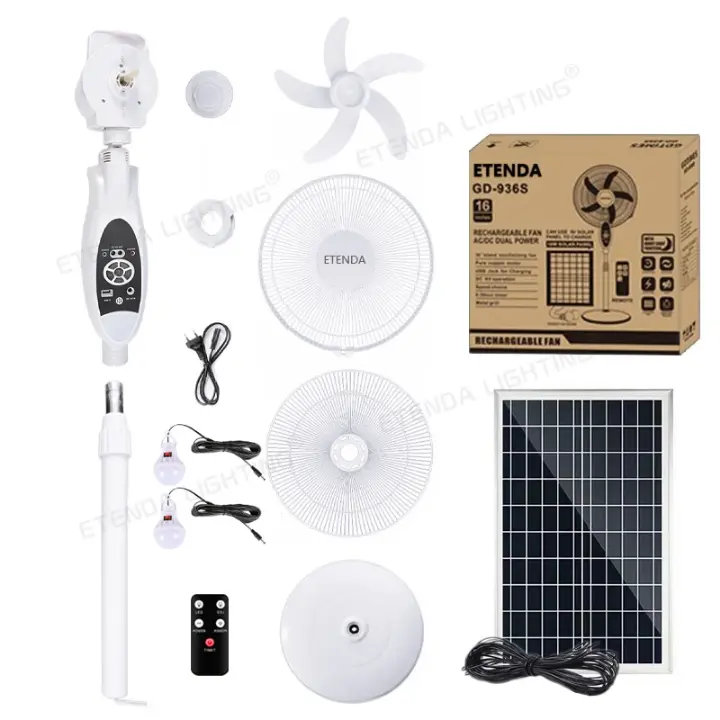 Ventilateur rechargeable ETENDA GD-936S – 16 pouces, solaire + électrique, LED, USB, télécommande