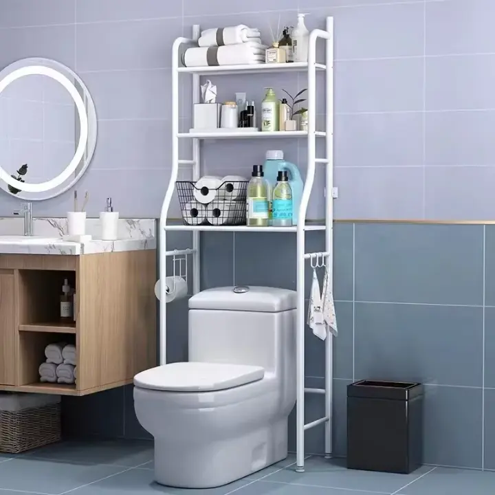 Étagère de rangement WC – 3 niveaux, porte-papier, crochets, design compact et fonctionnel