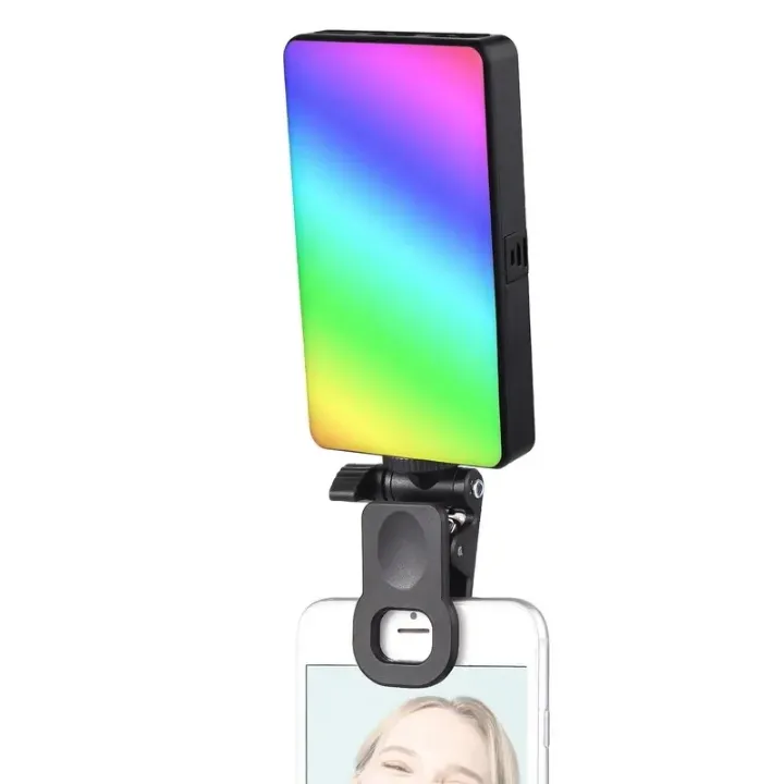 Panneau LED RGB à clip – éclairage selfie pour smartphone, lumière multicolore, fixation frontale universelle