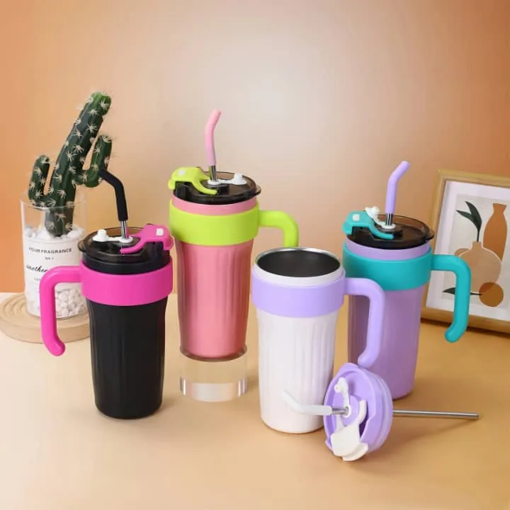 Gobelet isotherme 860 ml – avec couvercle et paille, design coloré, réutilisable