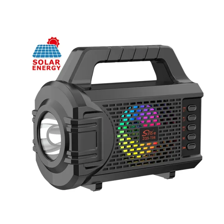 Haut-parleur solaire “Sing-e ZQS-T06” – torche intégrée, LED colorée, poignée de transport