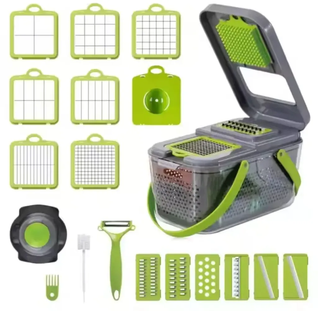 Coupe-légumes multifonction – râpe, mandoline, hachoir, bac collecteur, accessoires inclus