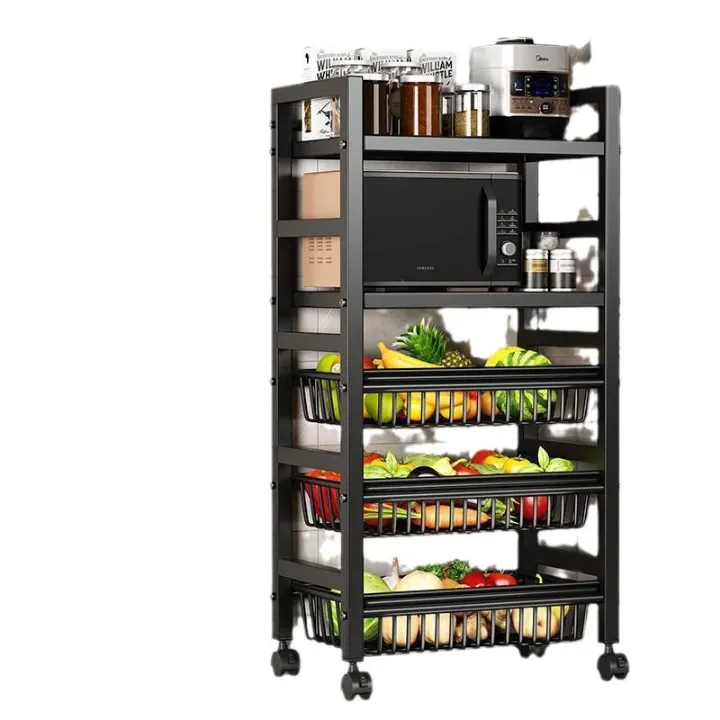 Étagère de rangement cuisine à roulettes – 4 niveaux, métal noir, 125x60x32 cm